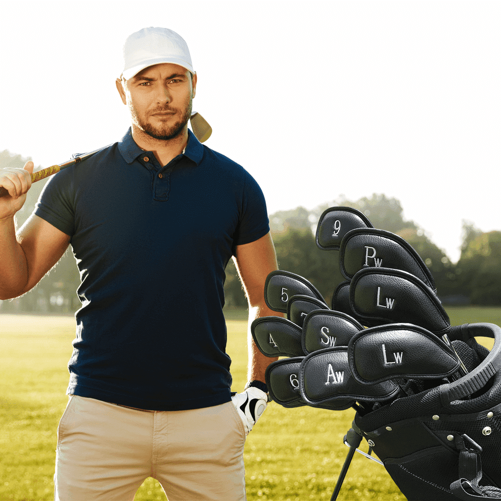 black leather irons head covers Set in golf bag