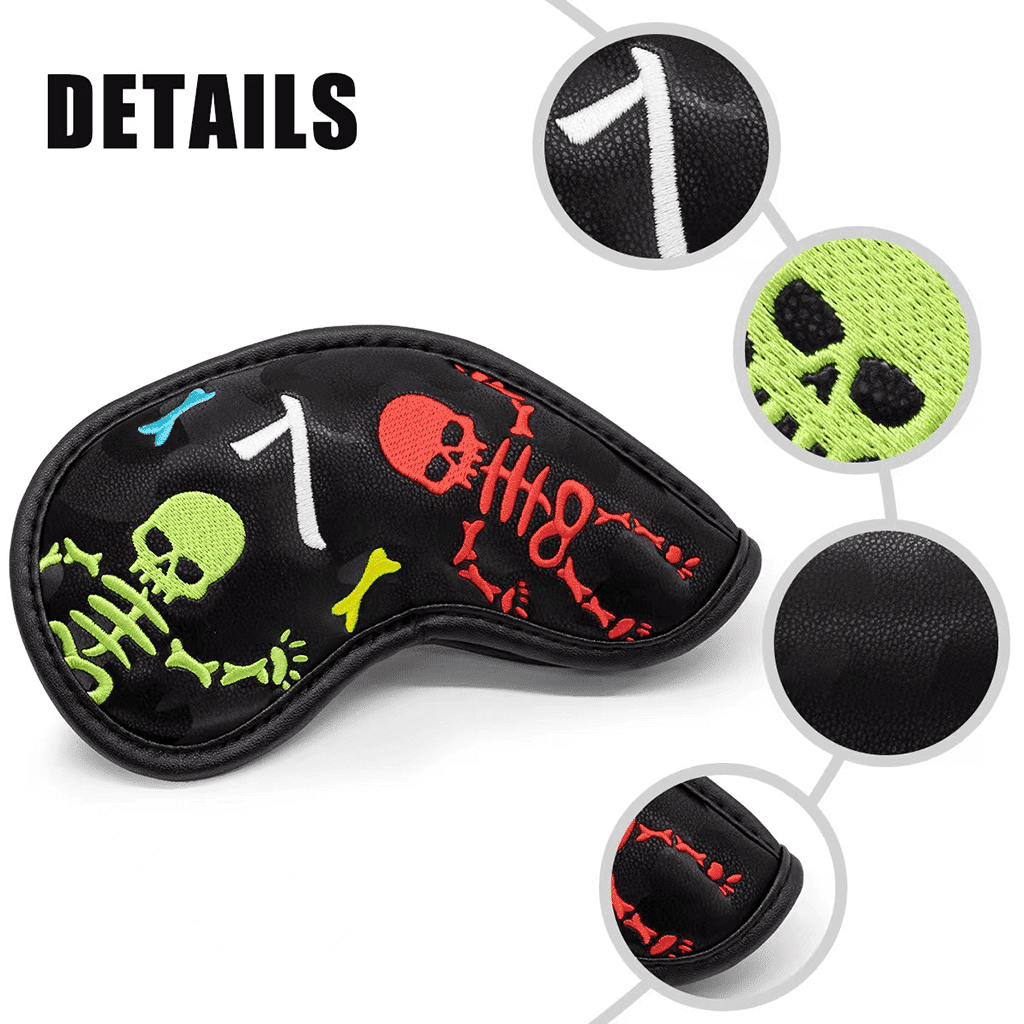 Black Leather Skeleton golf club iron covers embroidery