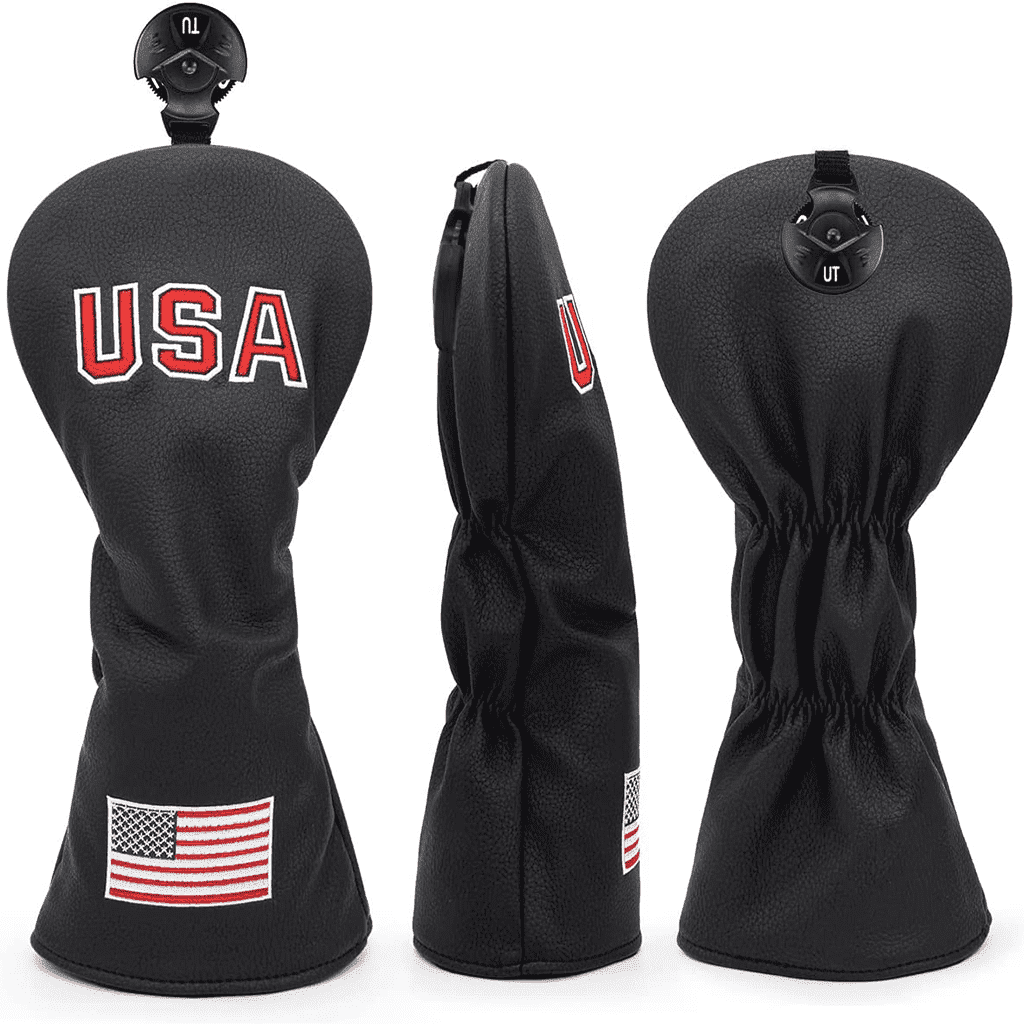 Black USA Flag golf hybrid headcover back side with double elastic bands