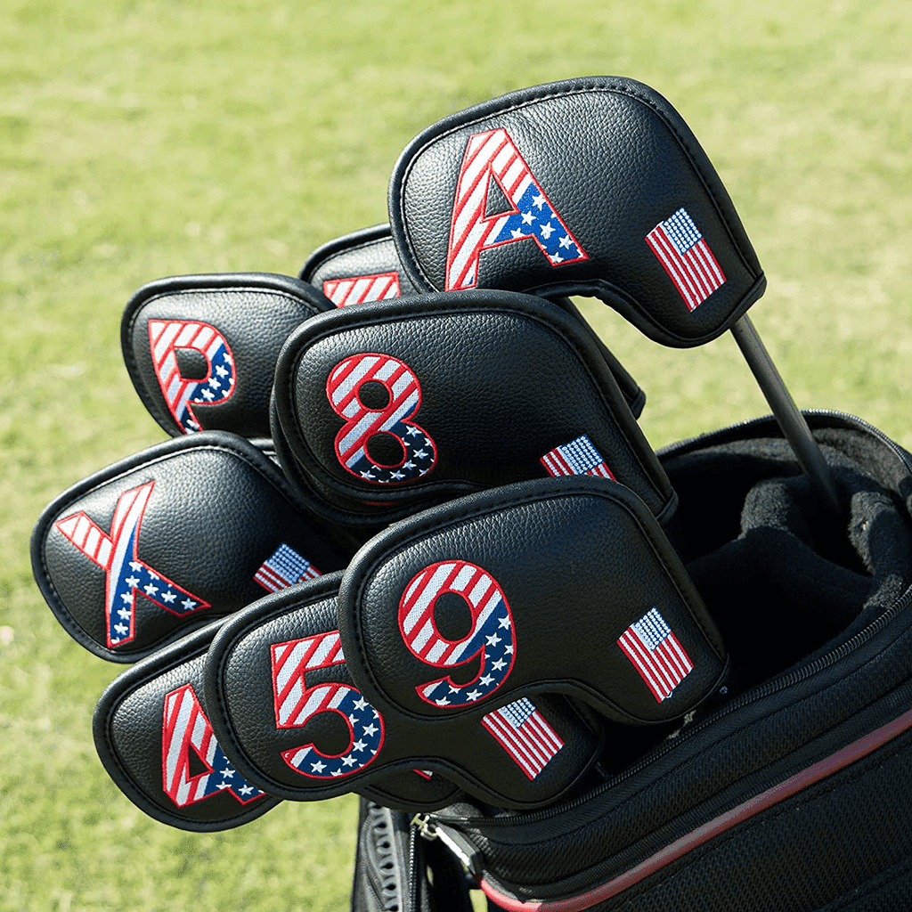 Black Leather USA Flag irons head covers in golf bag