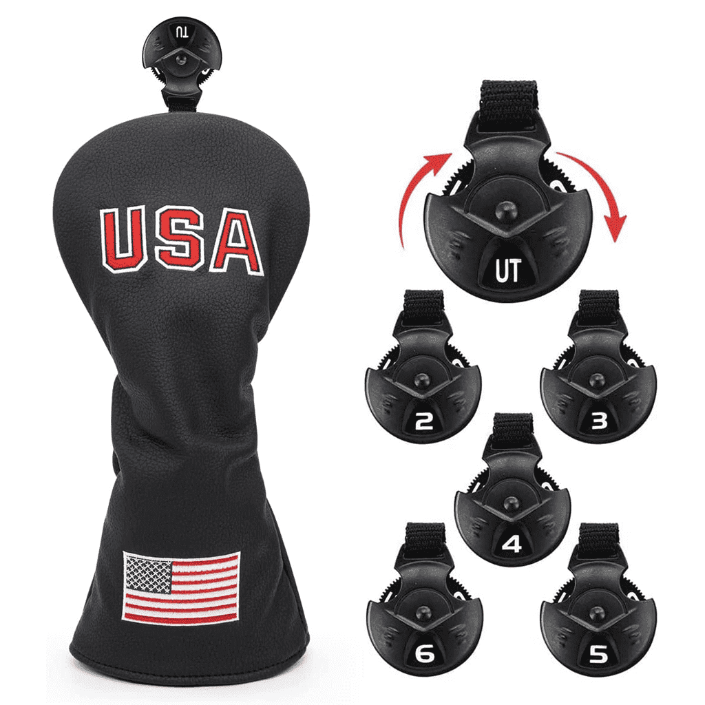 Black USA hybrid golf headcover with interchangable No. Tag for identification