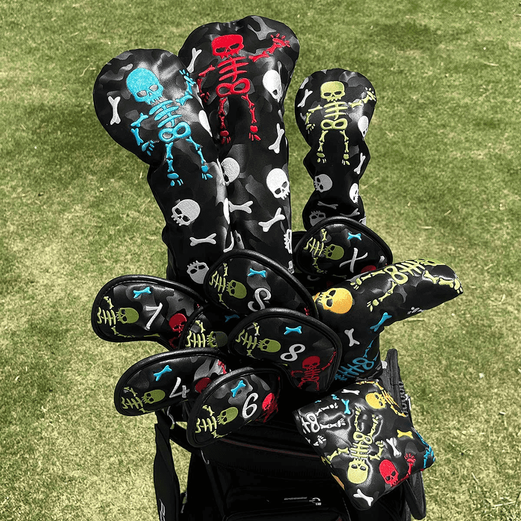 Black Leather Skeleton golf headcovers set in golf bag