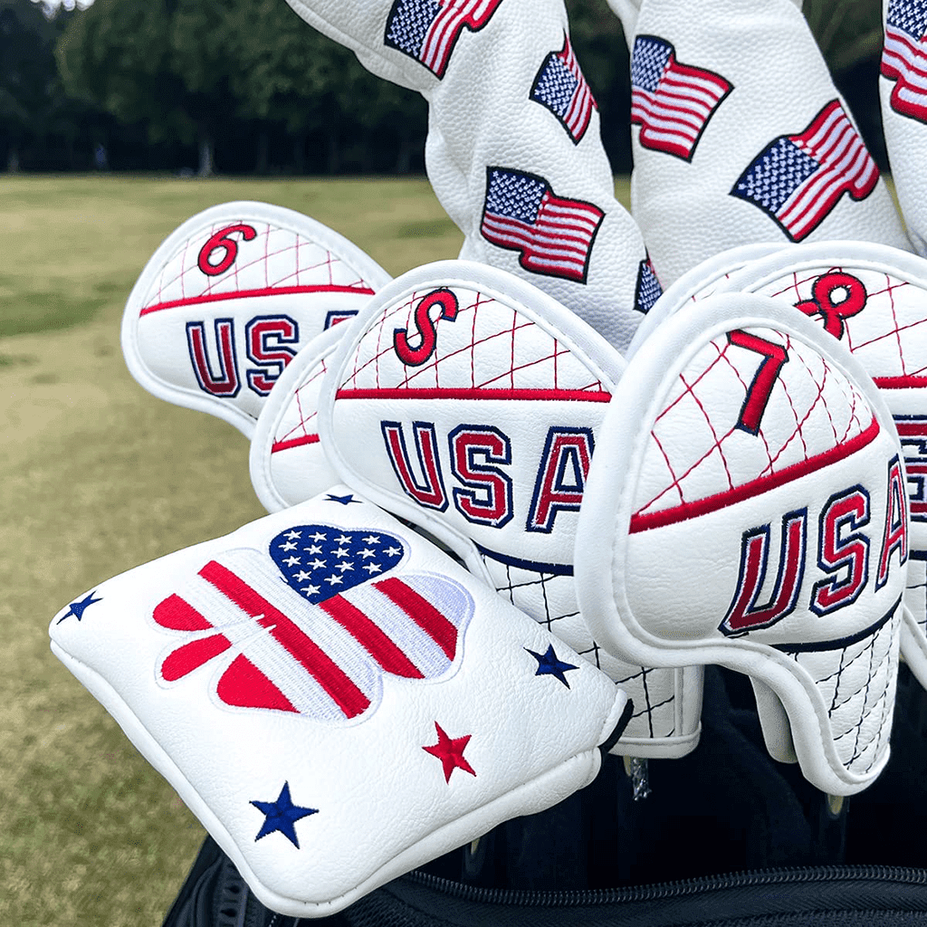 White American flag clover putter cover mallet in golf bag