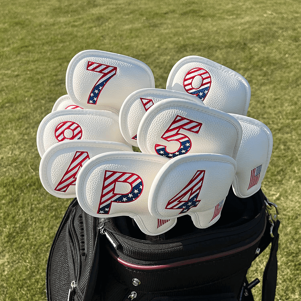White Leather USA Flag irons head covers in golf bag