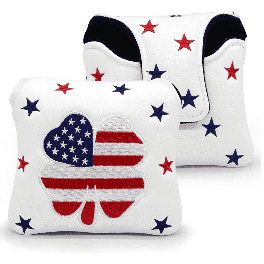 White USA flag clover mallet putter head cover front and back sides