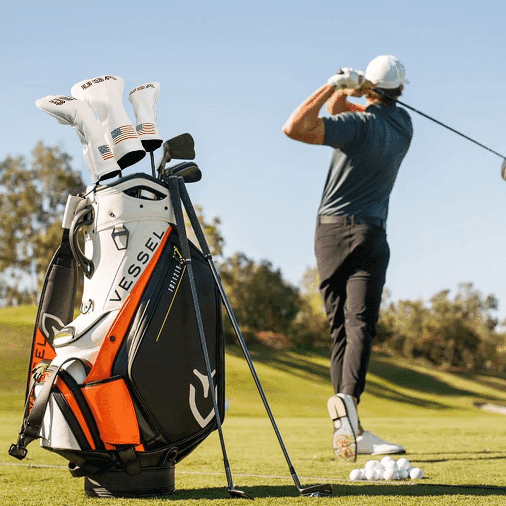White USA Flag fairway wood covers in golf bag