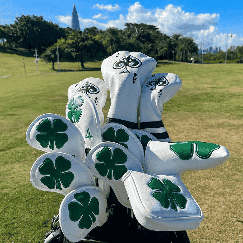 White leather clover mallet putter cover sit in golf bags