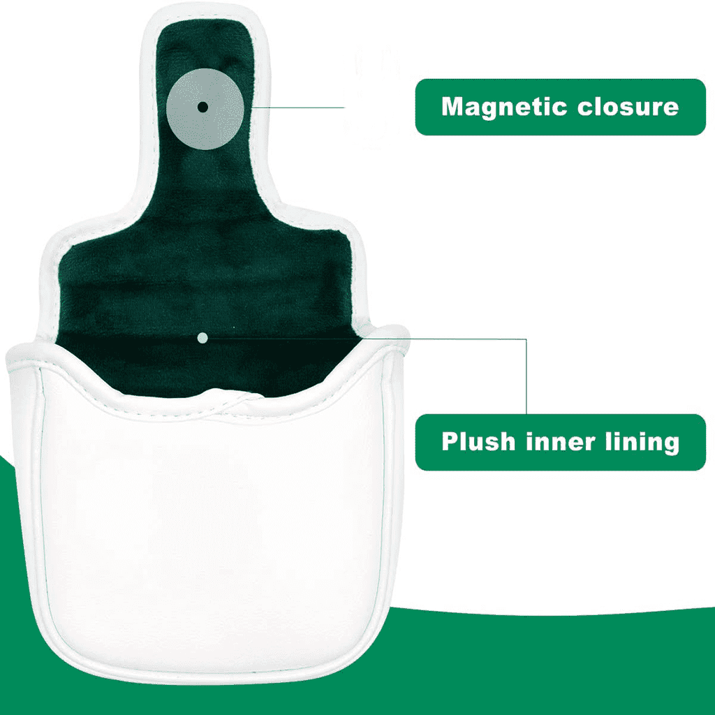 White 4 leaf clover square mallet putter head cover with magnetic closure