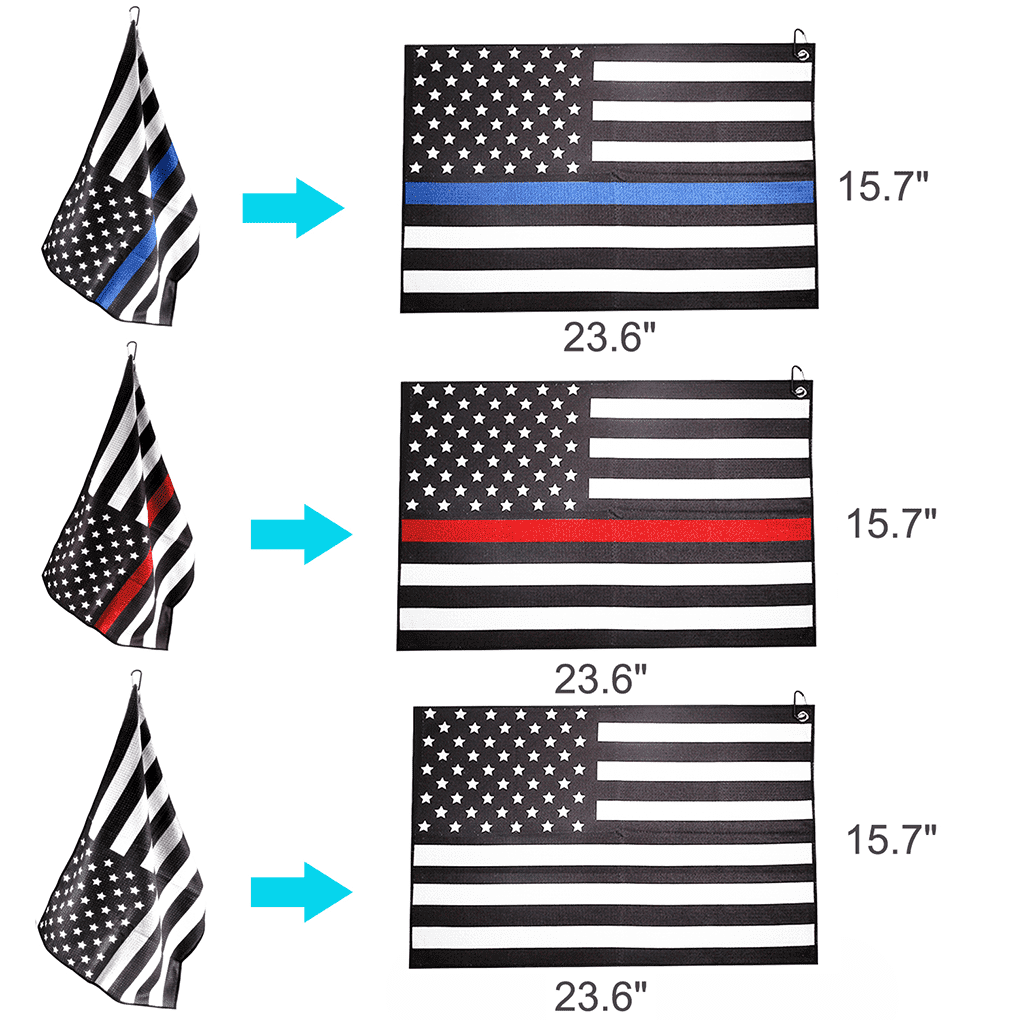 3 PCS microfiber golf towels attachable to golf bags with clips in red white and blue.