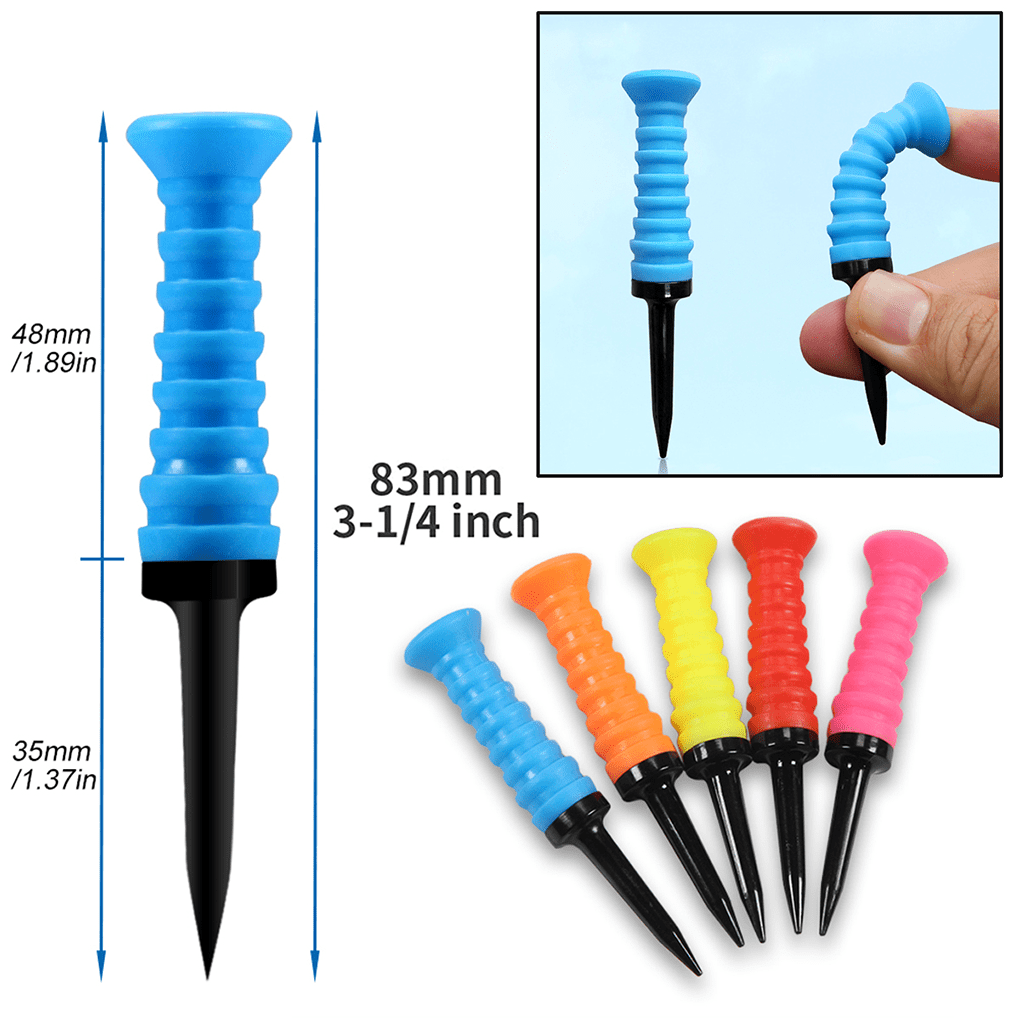 Golf tees plastic 3 1/4 inch unbreakable have a rubber top size of 1.89 inches and a plastic base size of 1.37 inches.