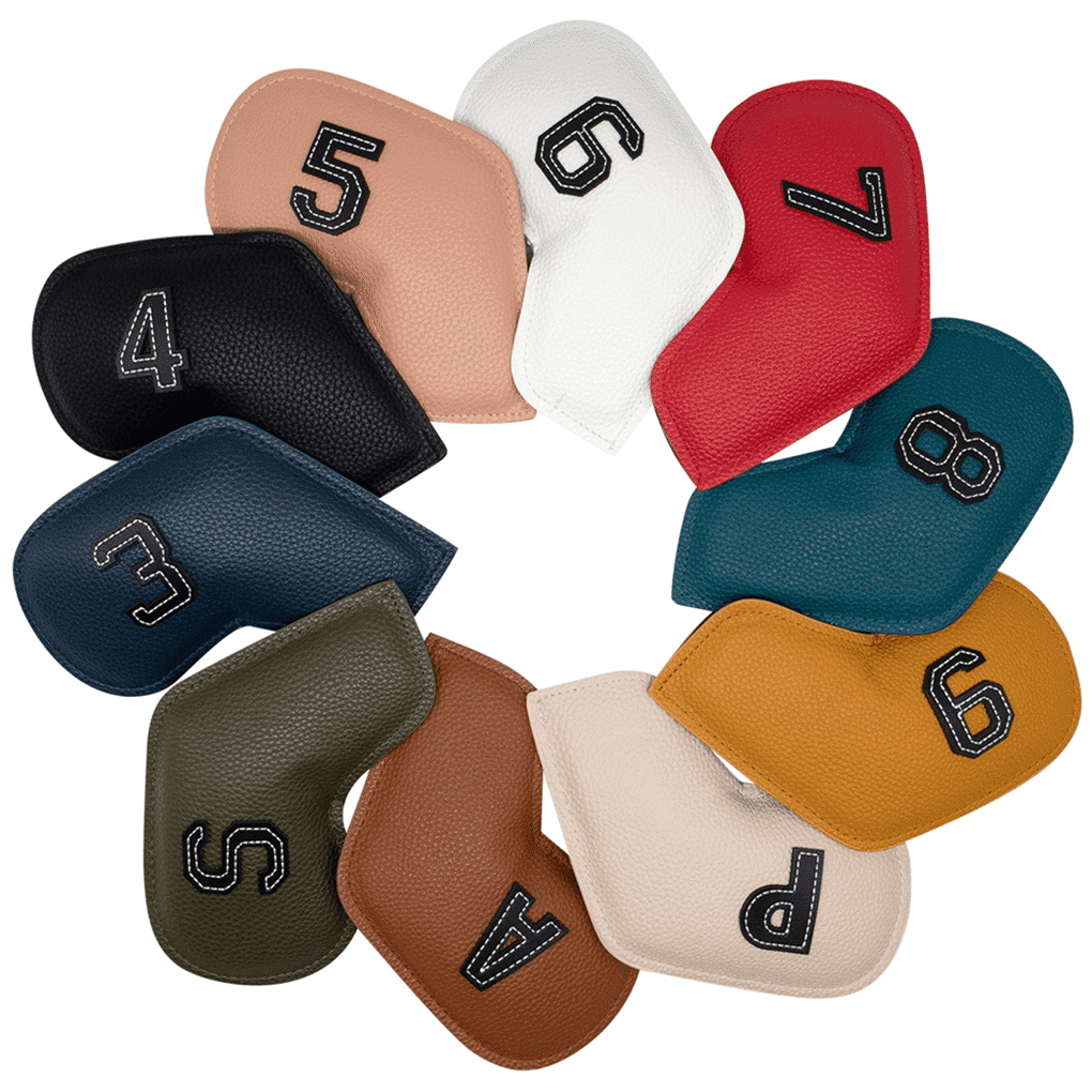 10pcs/set colored pu leather golf iron covers with numbers embroiderd on both sides for quick identification fits both leaft and right hands