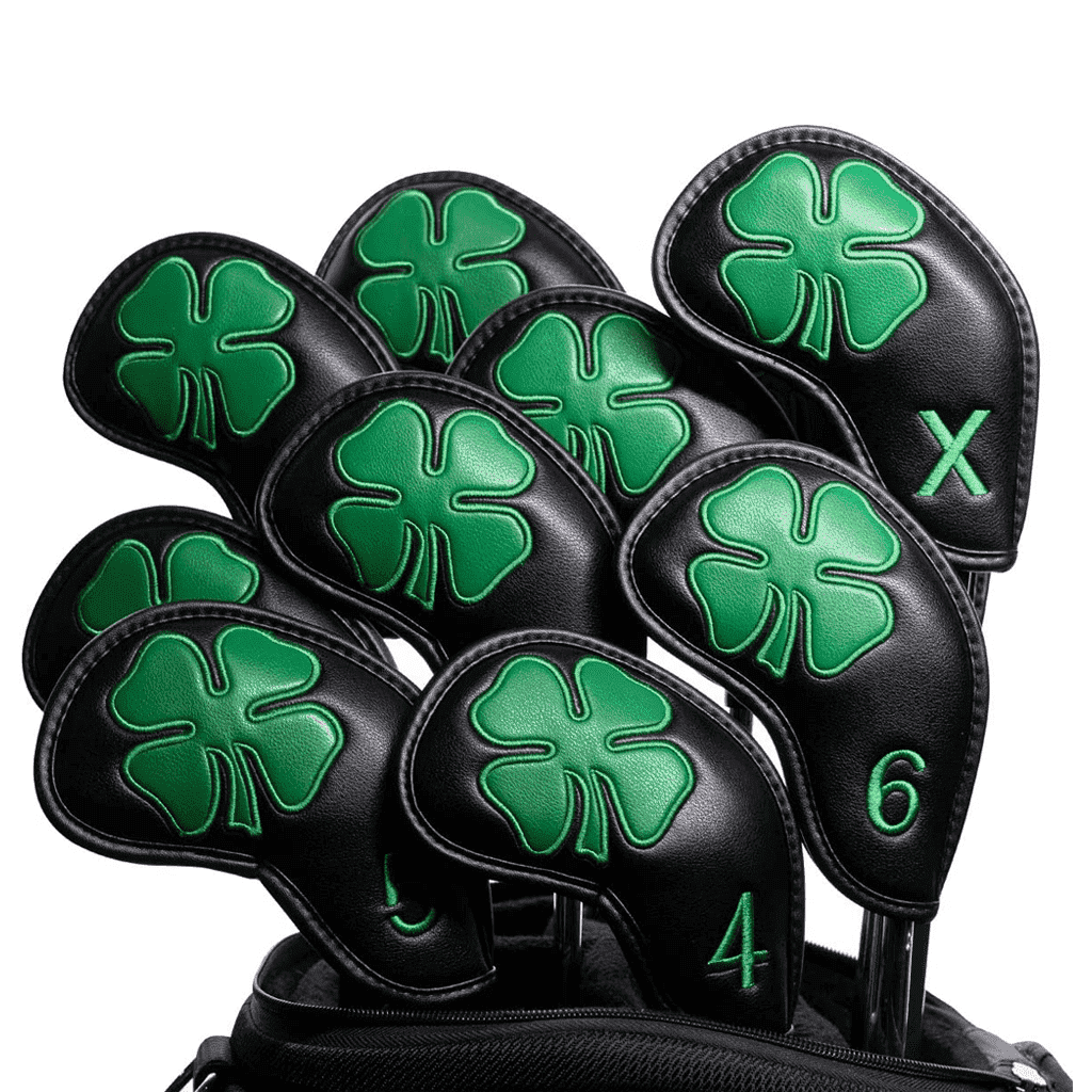 Black Clover golf club iron covers in golf bag