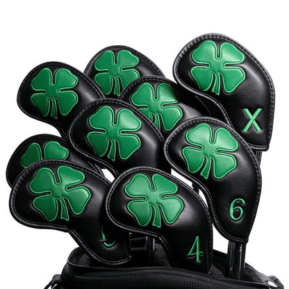 Black Clover golf club iron covers in golf bag