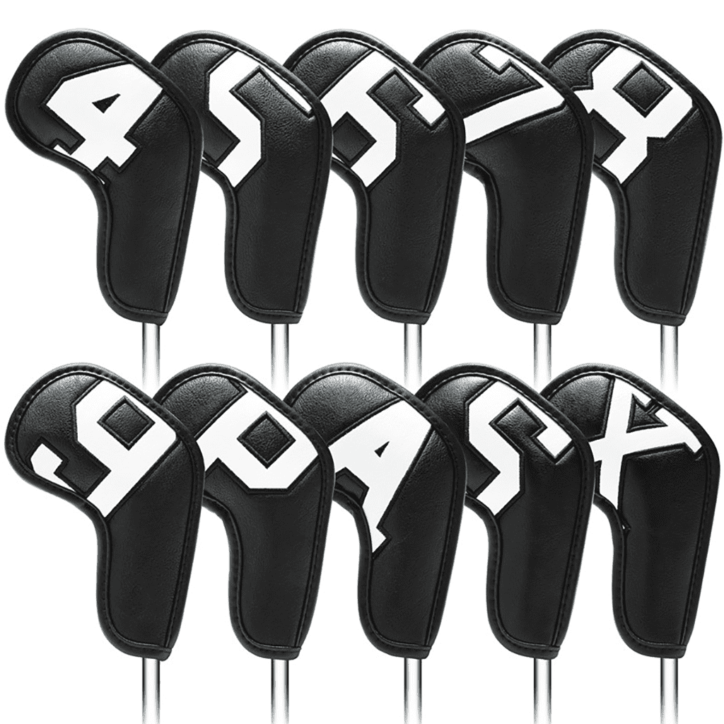 Black Leather golf club iron covers Set with White Numbers (4-9,PASX)