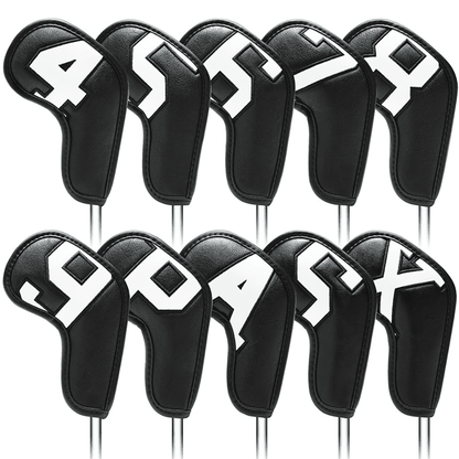 Black Leather golf club iron covers Set with White Numbers (4-9,PASX)