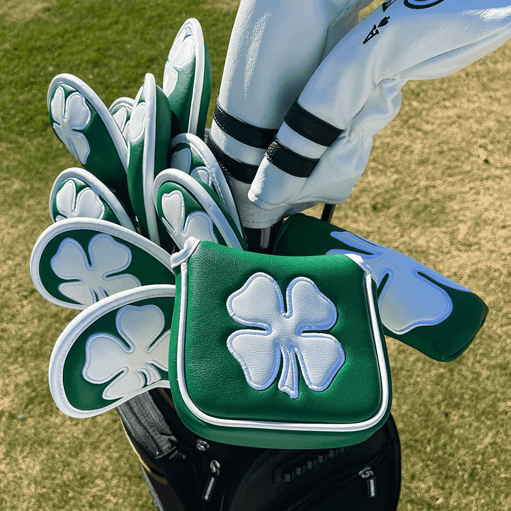 Green 4 leaf clover square mallet putter head cover in golf bag