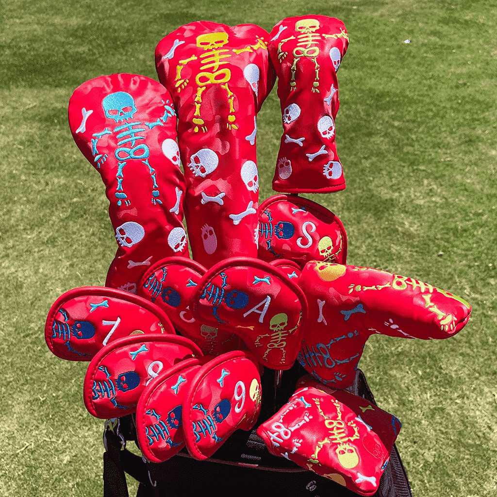 Red Leather Skeleton golf club head covers sets in golf bag
