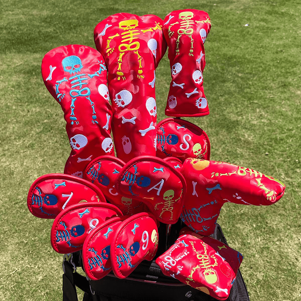 Red Leather Dancing Skeleton mallet putter covers in bag