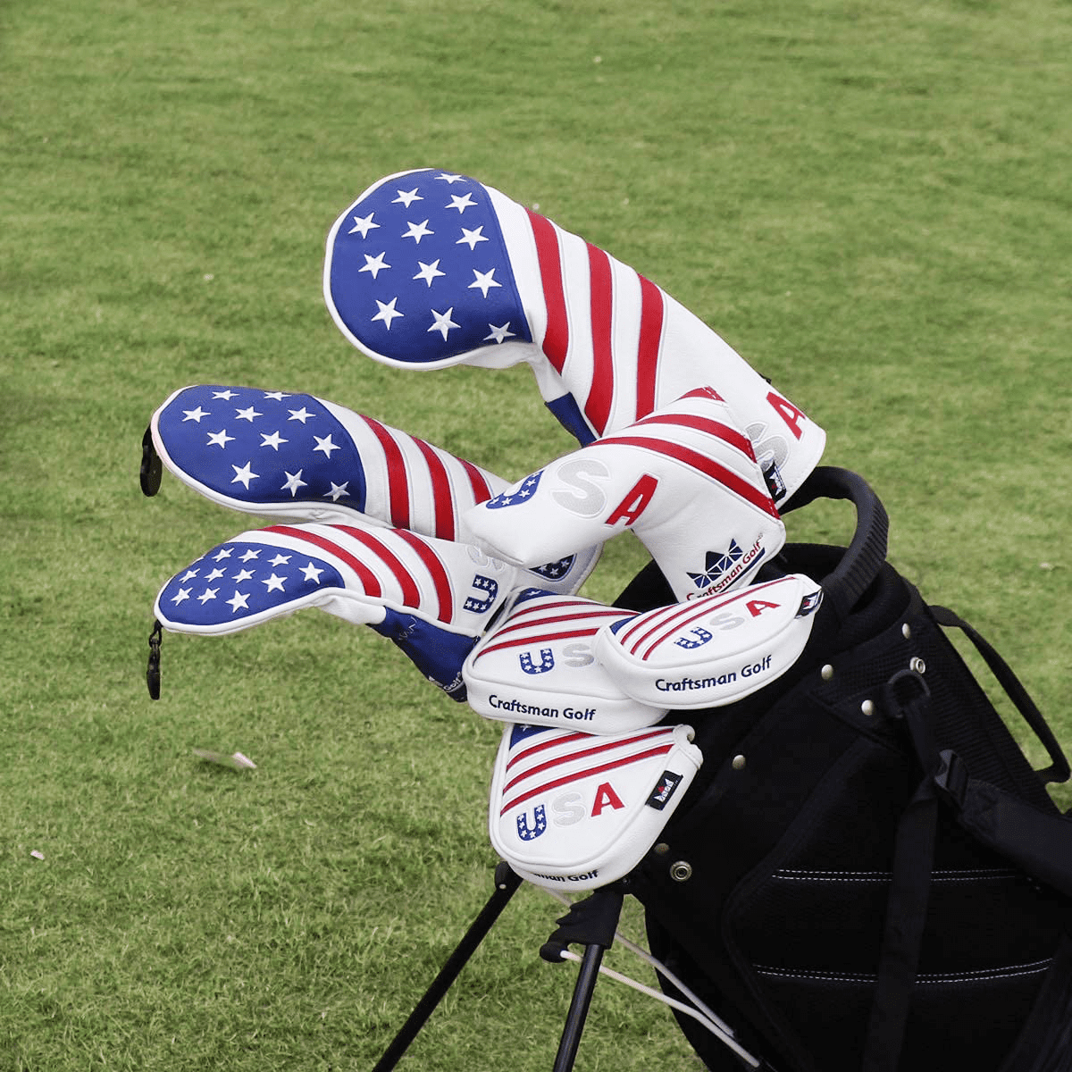 red and white and blue driver head covers in golf bag