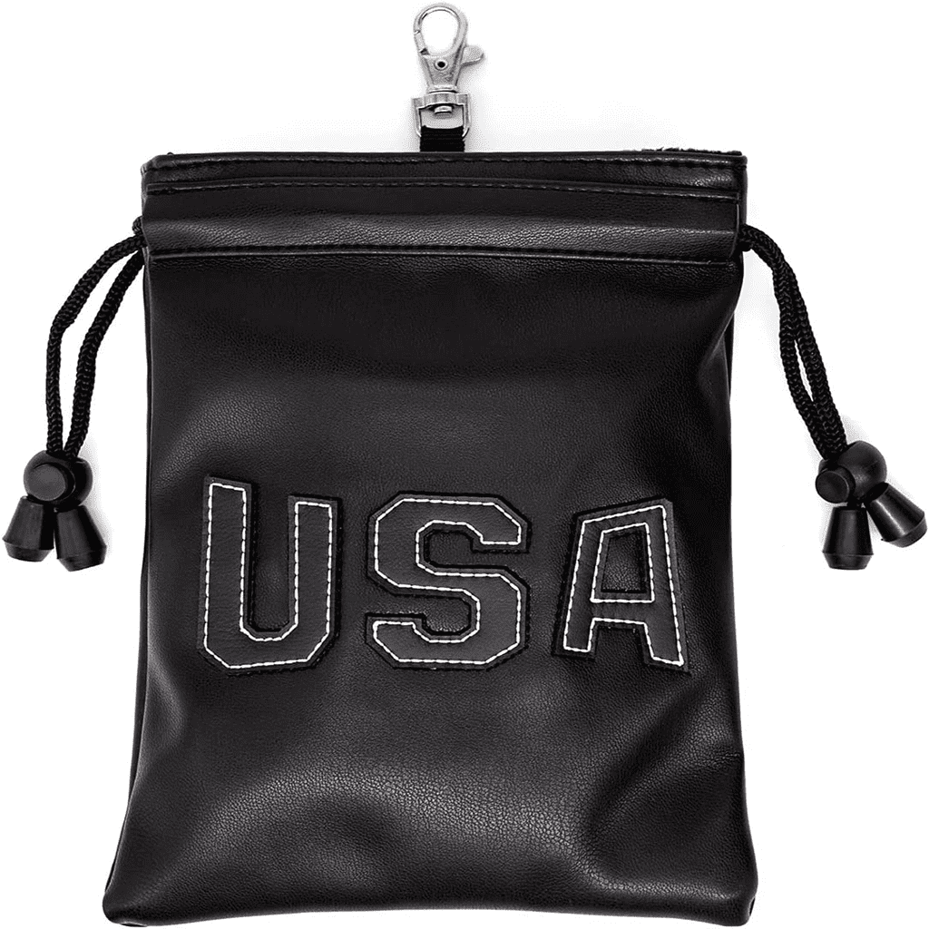 USA embroidered golf leather valuables pouch with drawstring and clip 