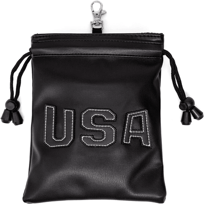 USA embroidered golf leather valuables pouch with drawstring and clip 