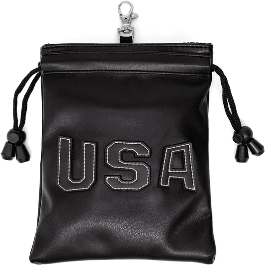 USA embroidered golf leather valuables pouch with drawstring and clip 