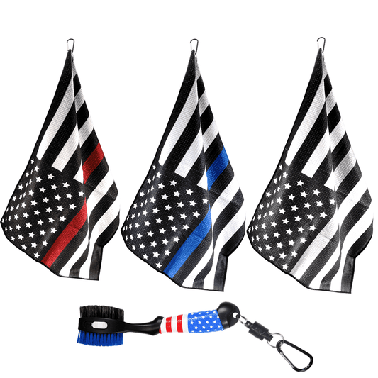 USA stars and strips golf towels and golf brush attachable to golf bags with clips.