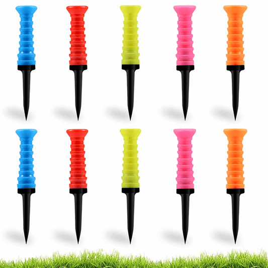 Golf tees are made of flexible colored rubber top and strong black plastic base.
