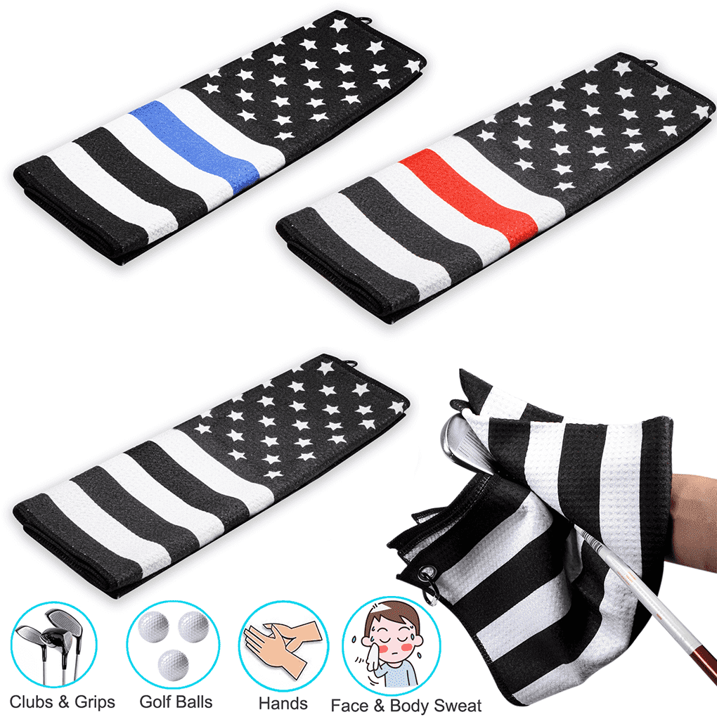 3 PCS microfiber golf towels attachable to golf bags with clips in red white and blue.
